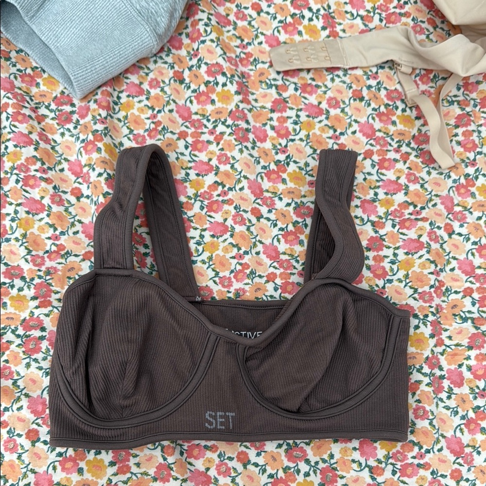 Women's Brown purple mauve set active size small bustier ribbed sports bra top